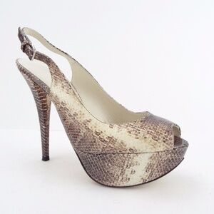 STUART WEITZMAN Grey Snake Platform Sling Back Open Toe Vevey Heels Pumps 8.5